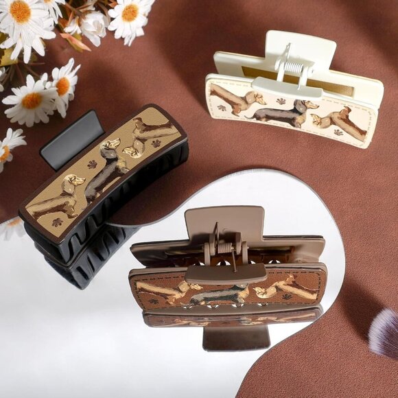 Dachshund Hair Claw Clips Leather Non Slip Cute Animal Hair Accessories - Picture 4 of 6